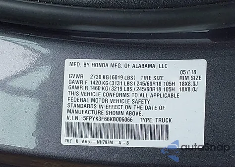 2019 Honda Ridgeline Rtl-T из США, поврежденный, VIN 5FPYK3F66KB006066